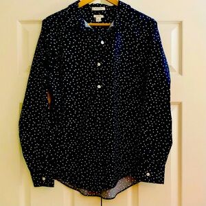 LLBean wrinkle free, button down shirt, navy blue & white polka dots, size Large